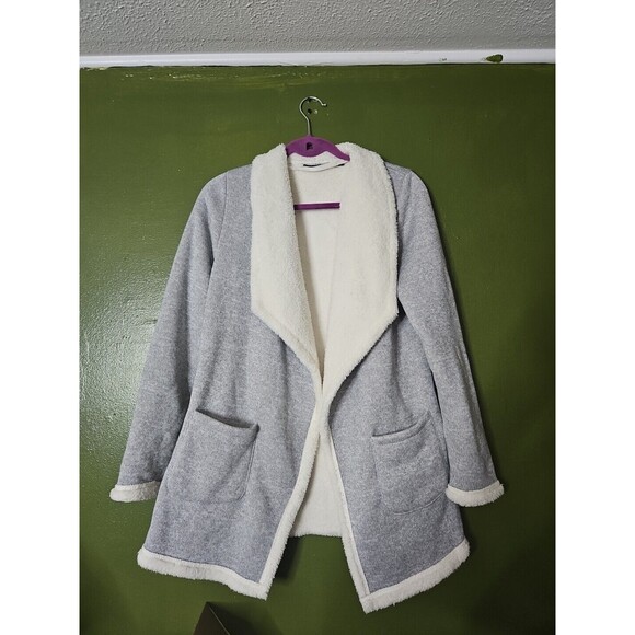 Swiss Tech Cardigan Womens Small Sherpa Lined Long Sleeve Pockets Open Gray Knit - Picture 1 of 7